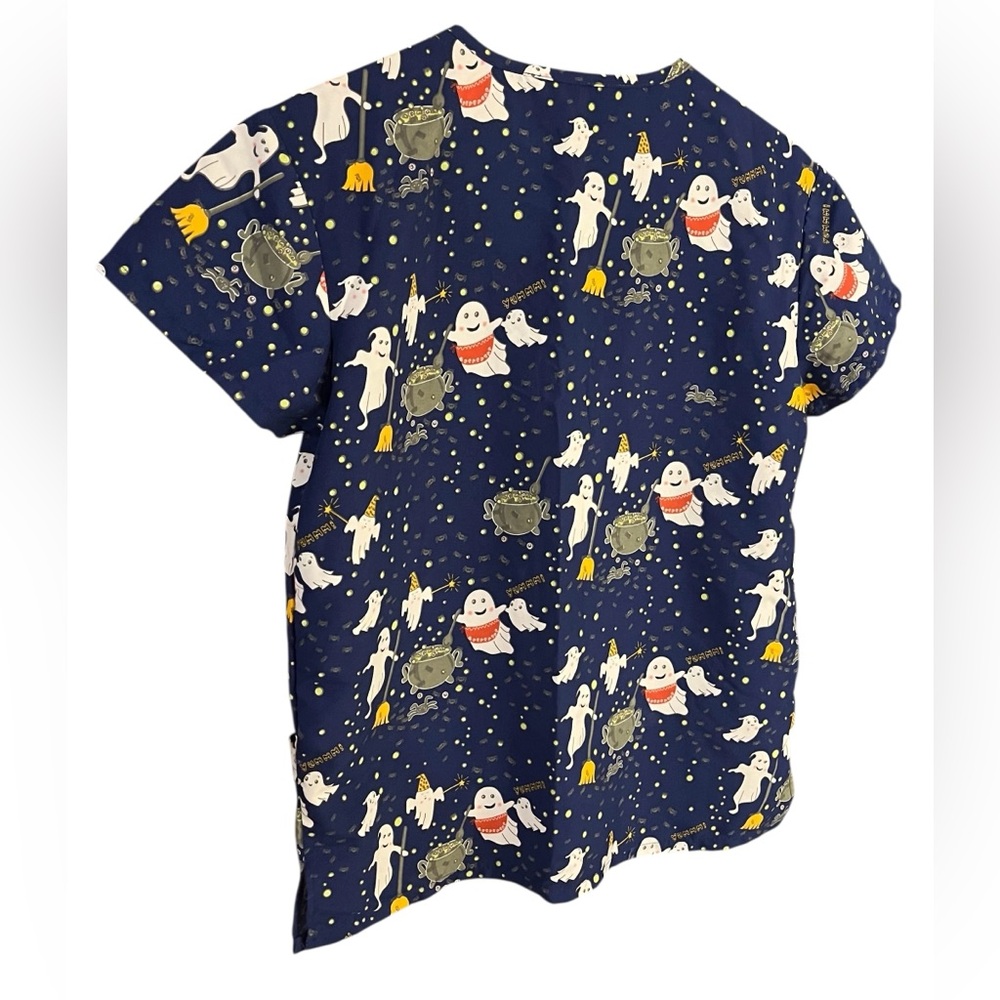 Women's Serene Uniform Scrub Top Blue Halloween-Fall Print - Picture 7 of 11